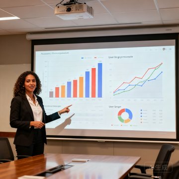 一位拉丁裔女性产品经理正在会议室中用大屏幕展示用户增长数据图表
